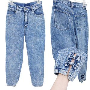 VTG 80s Stefano Acid Wash Denim Bow Taper Leg High Rise Jeans Cut Out Slit Hem
